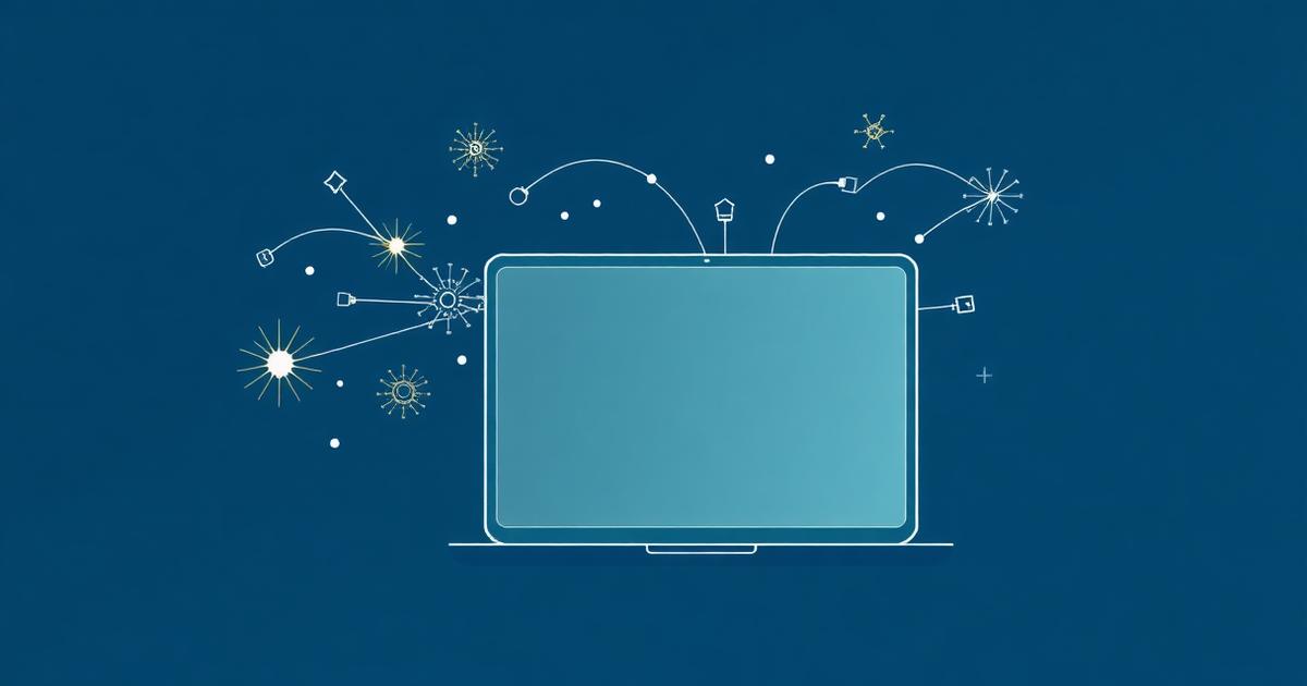 Illustration of a laptop surrounded by connected nodes and sparkles