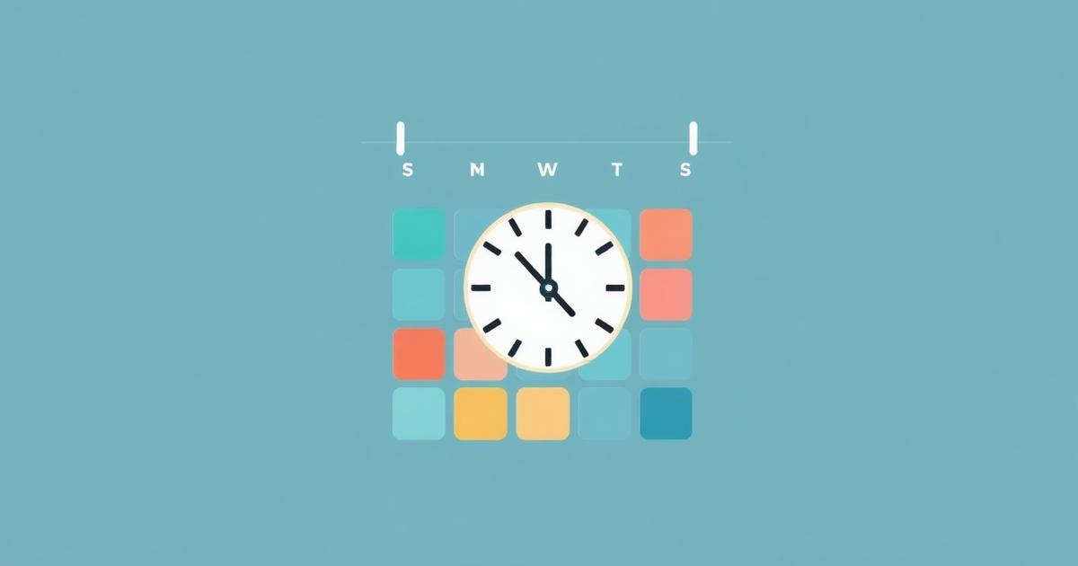 Illustration of a calendar grid with colored time blocks and a clock